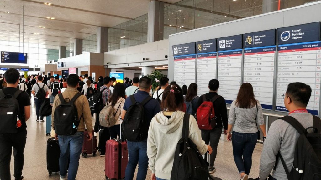 Călători internaționali în aeroport cu bagaje.