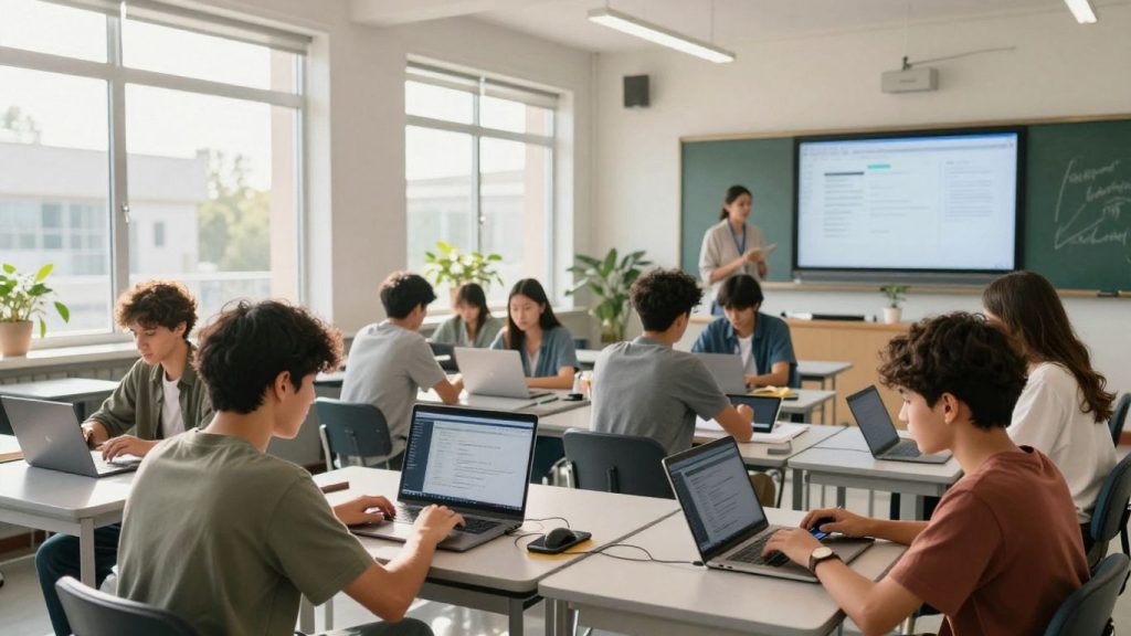 Elevi folosind dispozitive digitale într-o sală de clasă modernă.