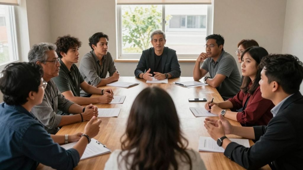 Oameni discutând într-un mediu politic.