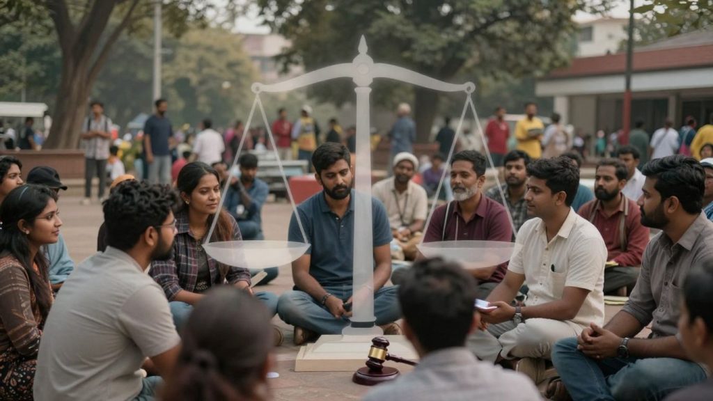 Oameni interacționând în piață, balanță a justiției.