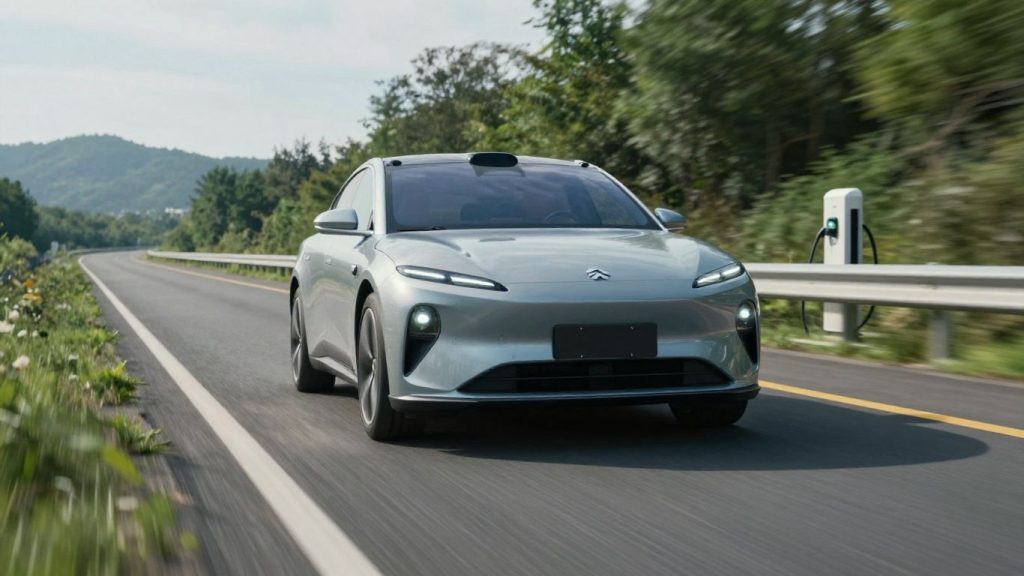 Mașină electrică pe autostradă, peisaj verde, stație de încărcare.