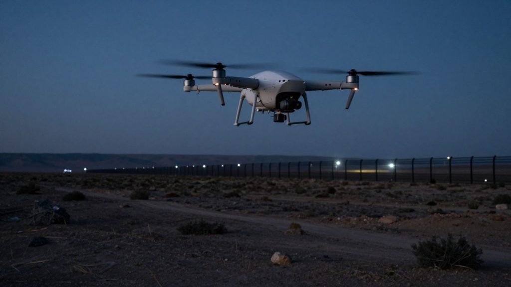 Drone supraveghind o graniță fortificată la apus.