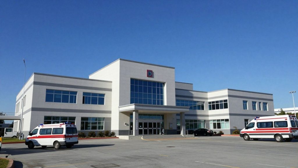 Exteriorul unui spital public modern, cu cer senin.