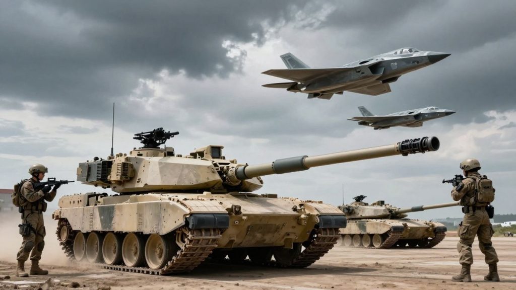 Soldați moderni, tancuri și avioane de luptă pe câmp