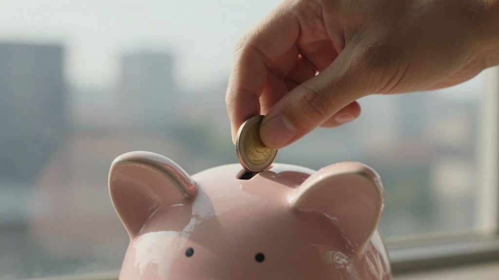 Monede intrând într-un porc de economii, cu orașul în fundal.