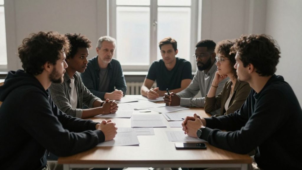 Oameni discutând la o masă despre politici publice.