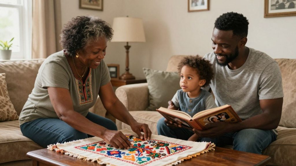 Familie transmițând obiceiuri culturale în casă.