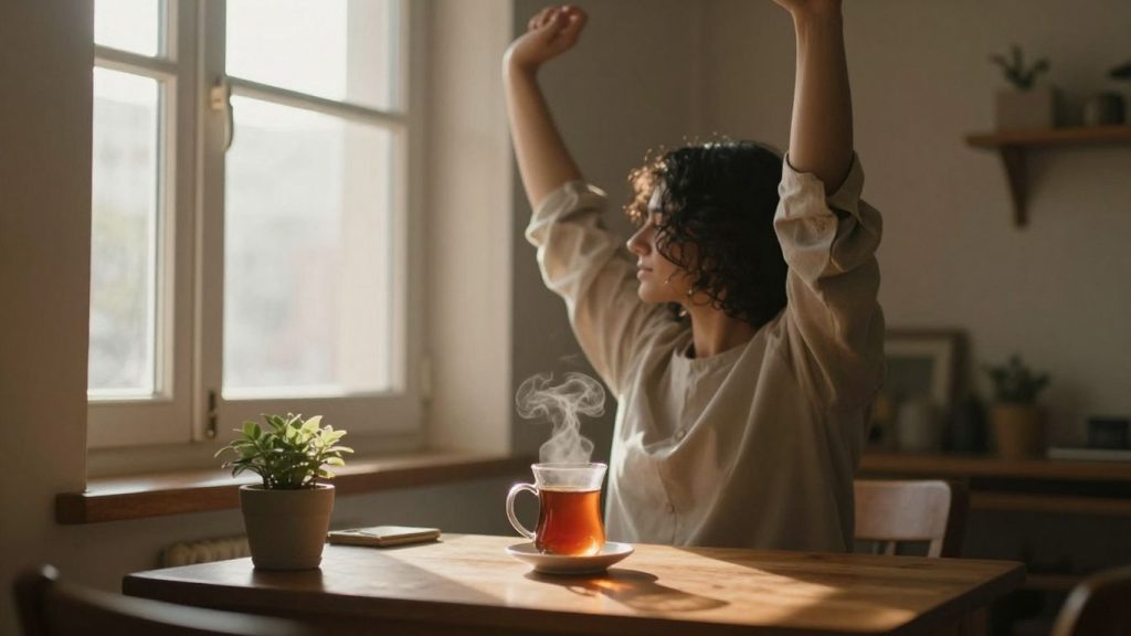 Femeie întinzându-se lângă fereastră cu o ceașcă de ceai.