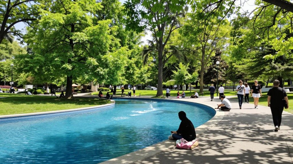 Parc curat și sănătos, cu natură înfloritoare.