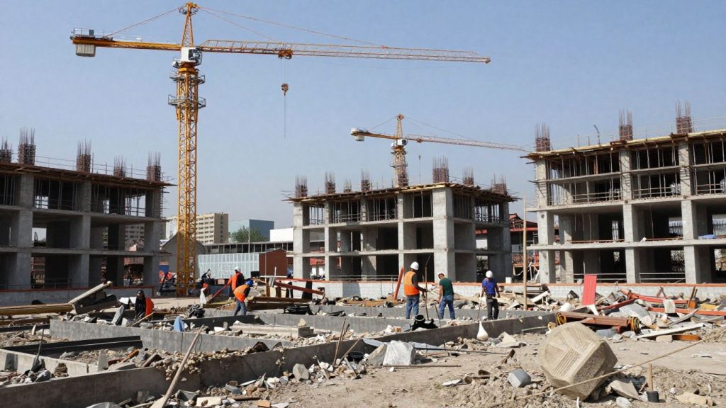 Oraș reconstruit după conflict, cu macarale și muncitori.