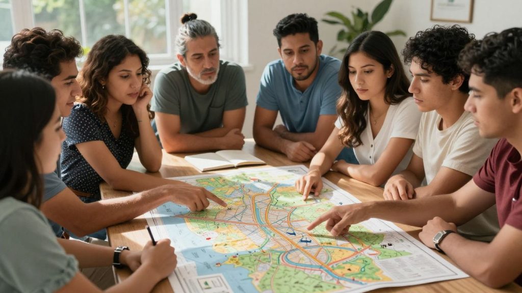 Oameni discutând idei pentru bugetul local.