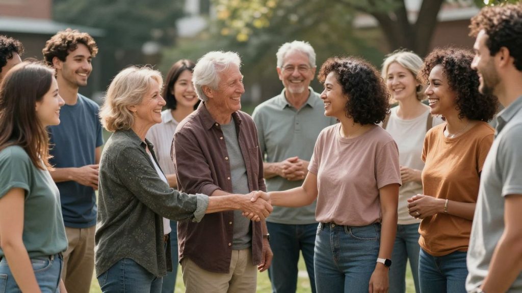 Oameni zâmbind și interacționând în comunitate.