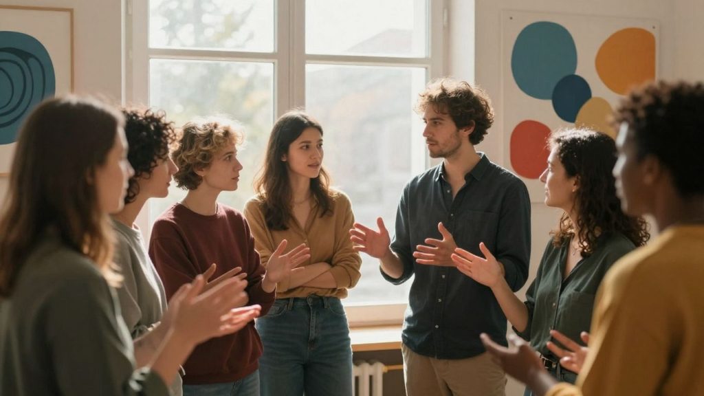 Oameni vorbind, forme abstracte colorate, lumină caldă.