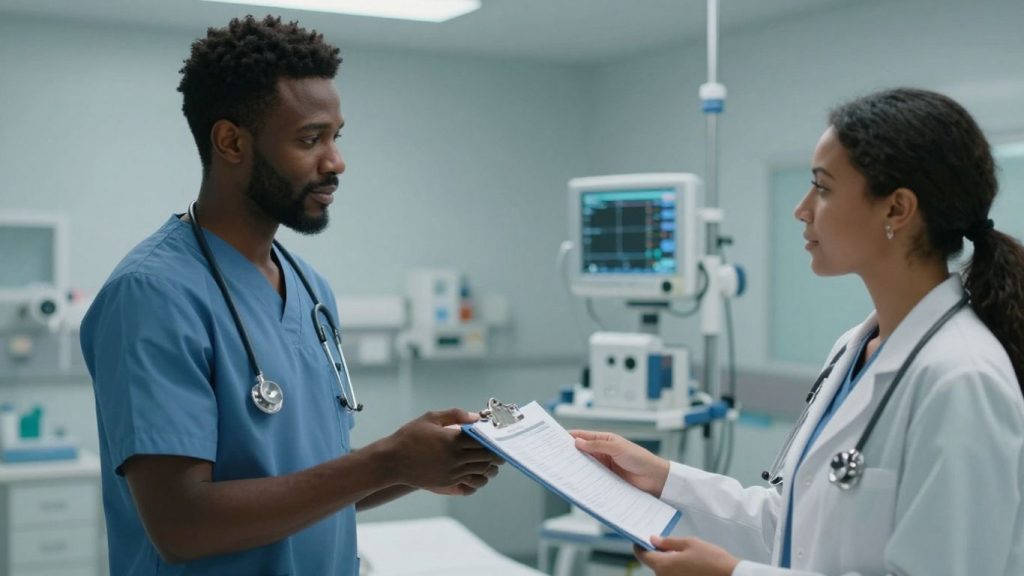 Medicul predând dosarul medical altui profesionist medical.