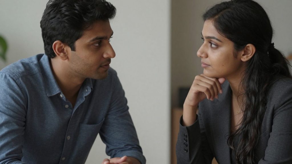 Oameni discutând calm și respectuos.