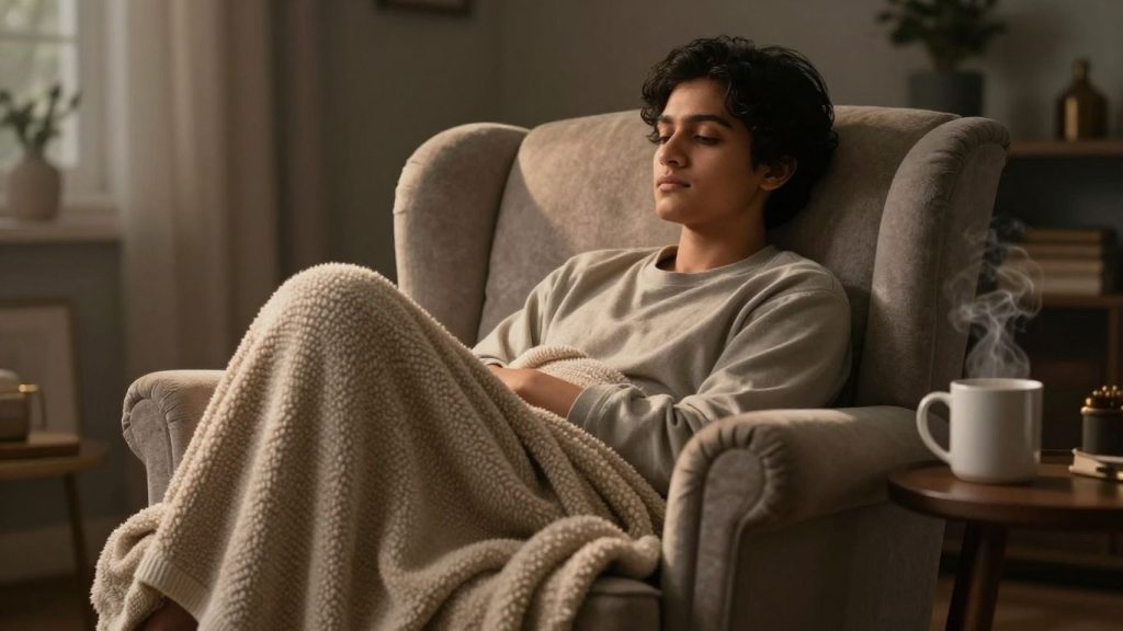 Persoană relaxată în fotoliu, definind confortul personal.