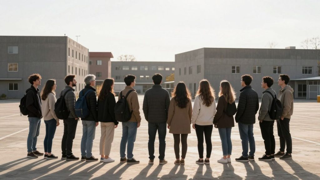 Oameni uniți privind spre un orizont stabil și luminos.