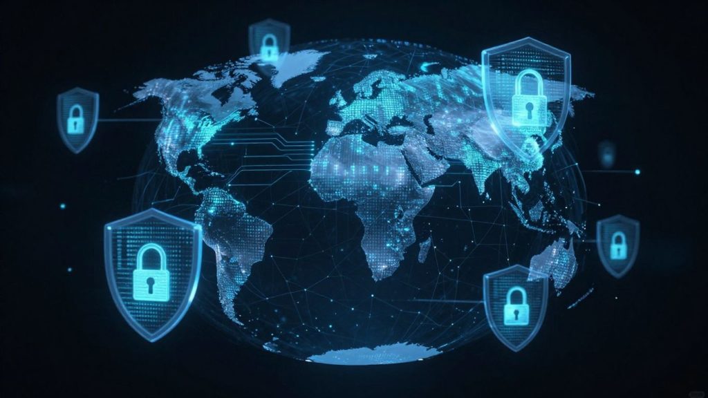 Securitate cibernetică globală, rețele digitale, scuturi și lacăte.