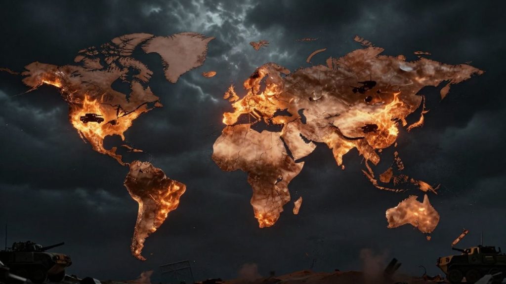 Harta lumii fracturată de linii de conflict.
