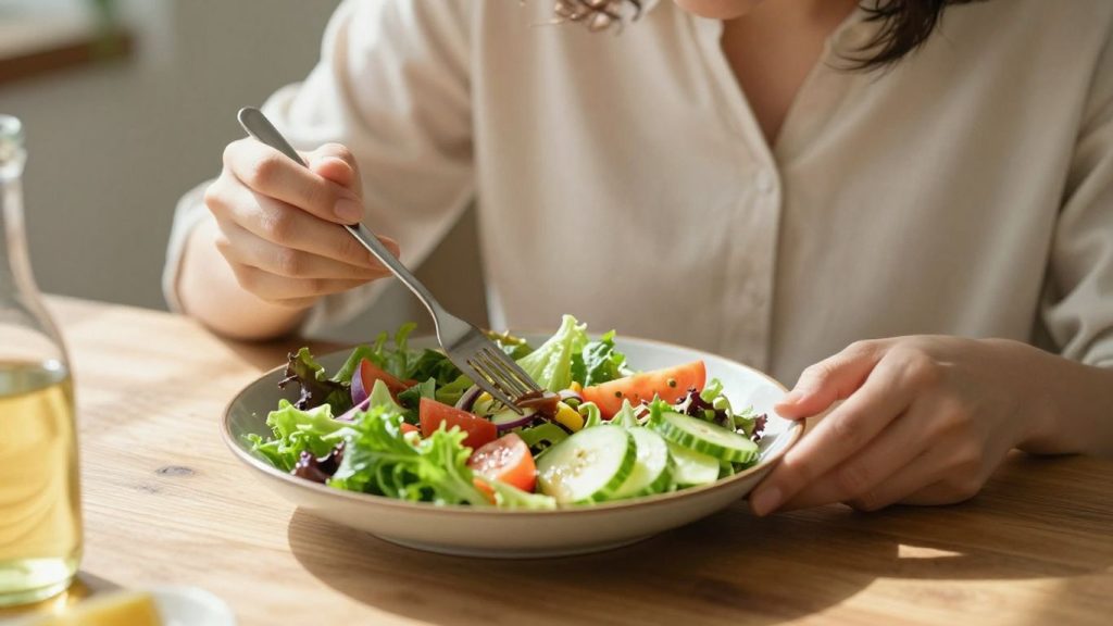 Persoană savurând o salată colorată cu atenție.