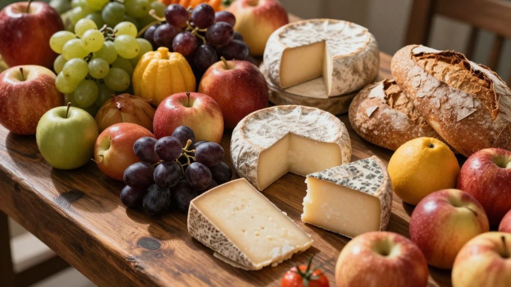 Masa plină cu produse locale proaspete și colorate.