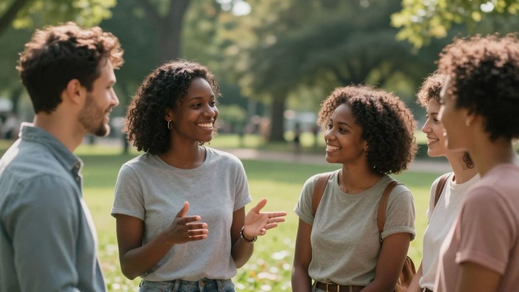 Oameni interacționând fericiți într-un parc însorit.