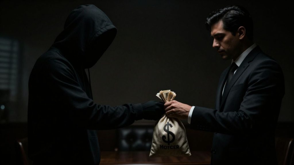 O persoană dă bani alteia pe ascuns.