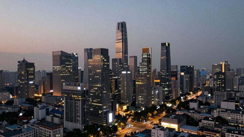 Oraș aglomerat cu zgârie-nori iluminați și trafic intens.