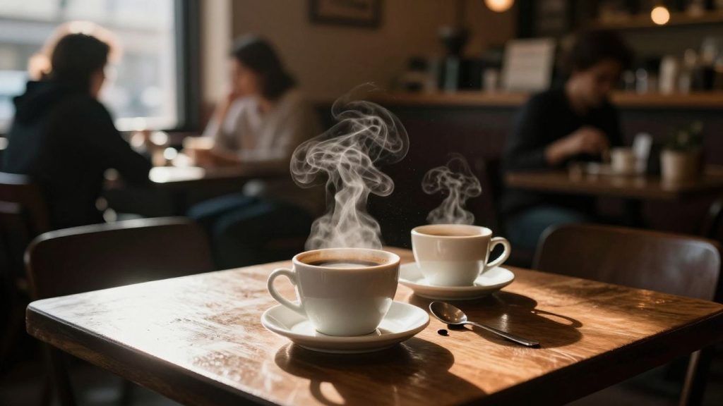 Oamenii savurând cafea într-o cafenea primitoare.