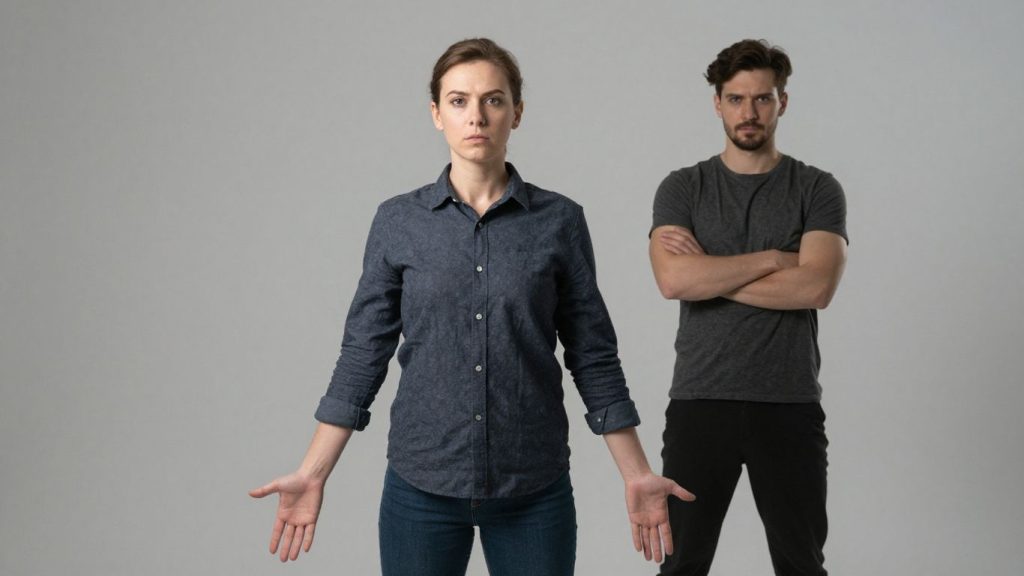 Persoană asertivă stând încrezătoare, cu o persoană pasivă în apropiere.