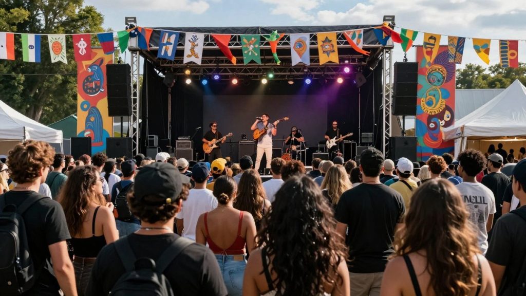 Oameni bucurându-se de un festival cultural în aer liber.