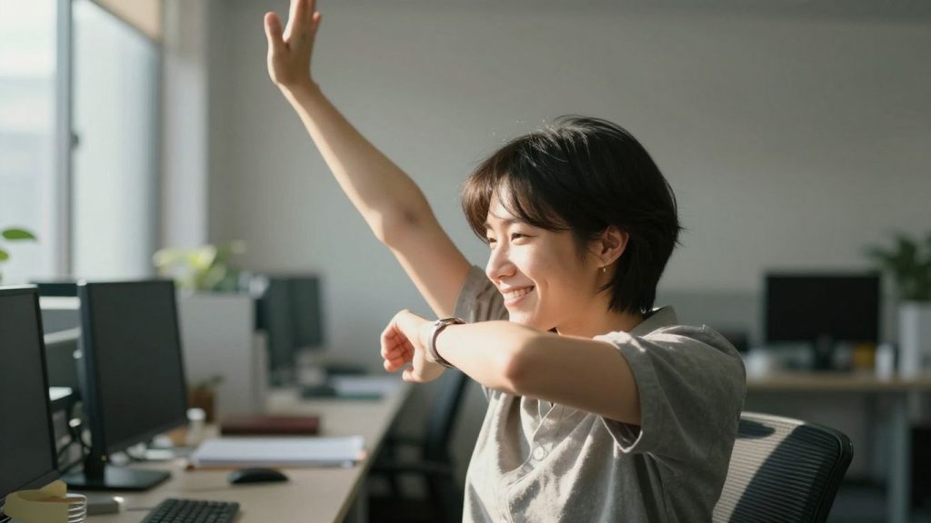 Persoană făcând mișcări de stretching la birou.