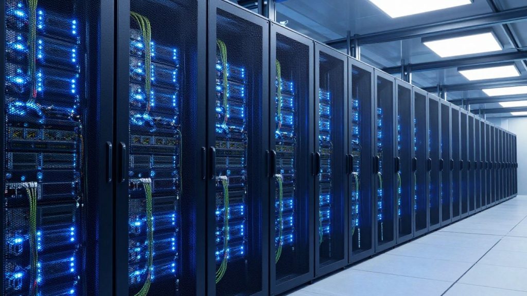 Interiorul unui centru de date modern cu servere iluminate.