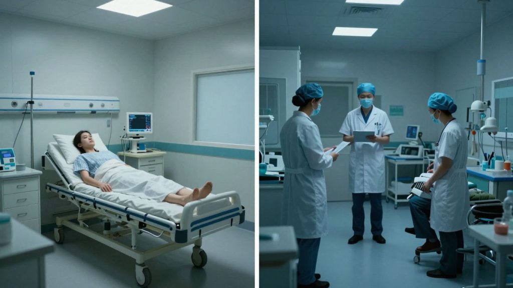 Contrastul dintre spitale moderne și clinici modeste.