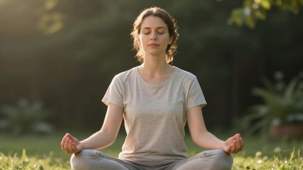 Femeie meditând în natură, cu soare blând pe chip.
