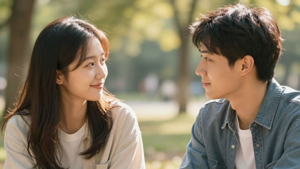 Oameni discutând prietenos într-o zi însorită.