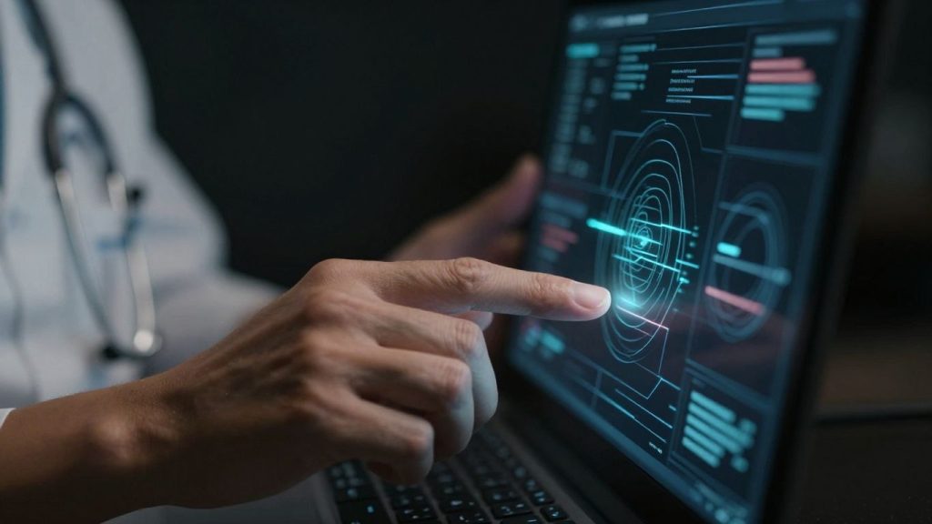 Mâini care folosesc tehnologie digitală în medicină.