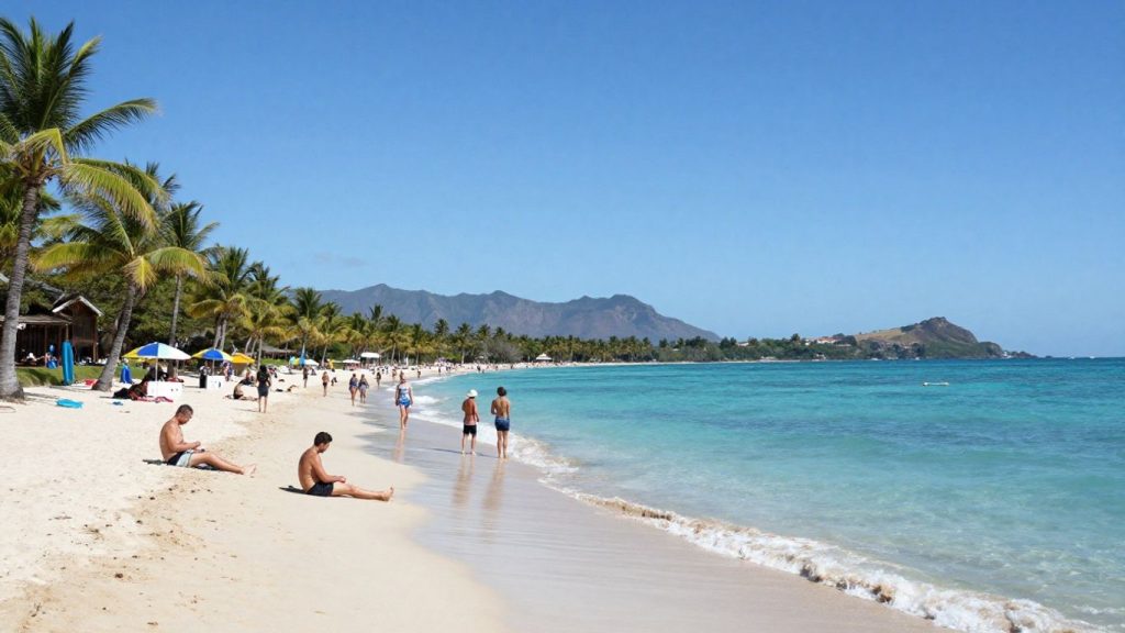 Oameni bucurându-se de plajă și peisaje montane.