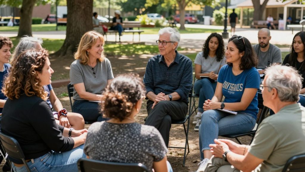 Oameni interacționând în comunitate, promovând prevenția.