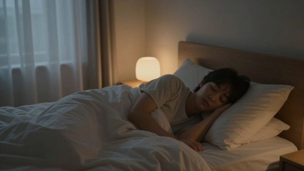 Persoană dormind liniștită într-un pat confortabil.