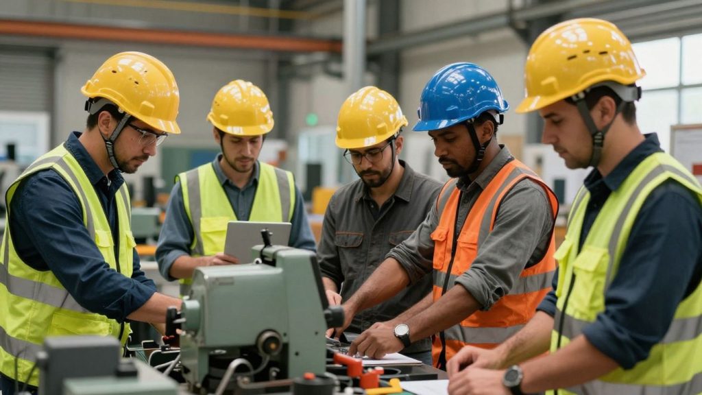 Muncitori purtând echipamente de protecție la locul de muncă