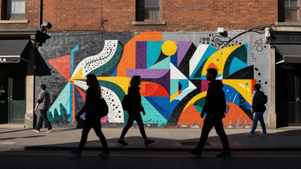 Artă stradală vibrantă pe un zid de cărămidă în oraș.