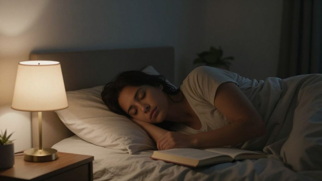 Femeie relaxată în pat, pregătindu-se de somn.