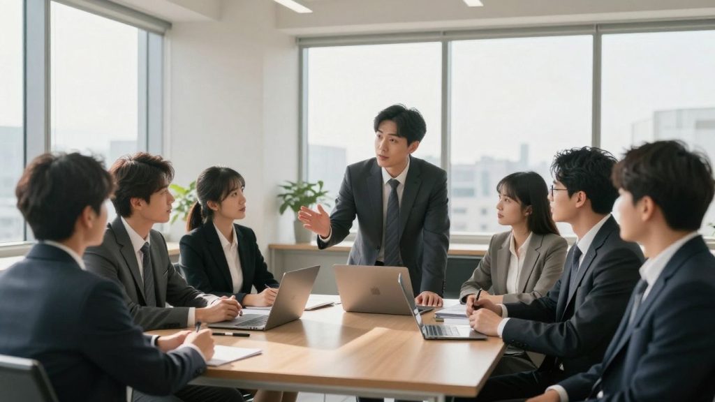 Oameni în costume discutând într-o sală de conferințe.