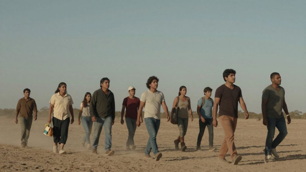 Refugiați traversând un peisaj vast, cu speranță.