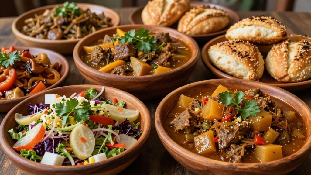 Mâncare tradițională românească pe masă, plină de culoare.