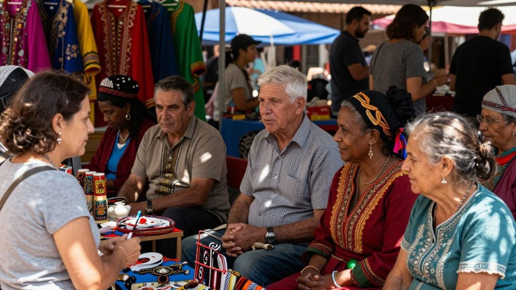 Oameni din culturi diferite interacționând într-o piață vibrantă.