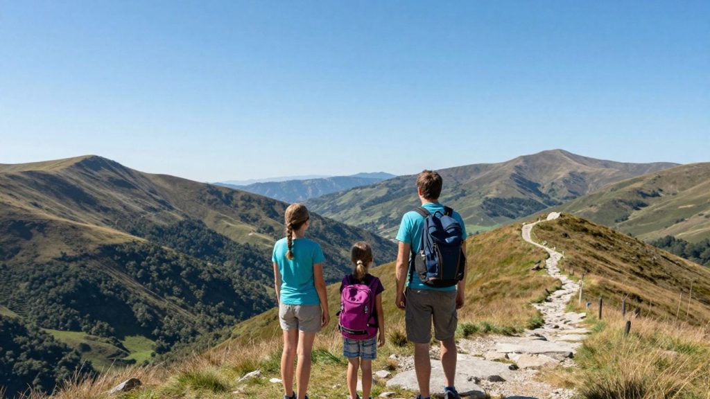 Familie bucurându-se de peisaj montan, soare și cer senin.