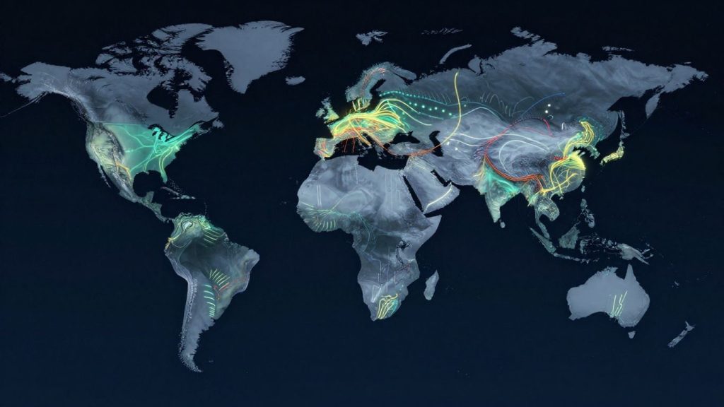 Hărți globale cu linii luminoase arătând rutele migrației.