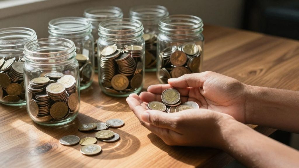 Gestionarea finanțelor personale cu monede și bancnote.